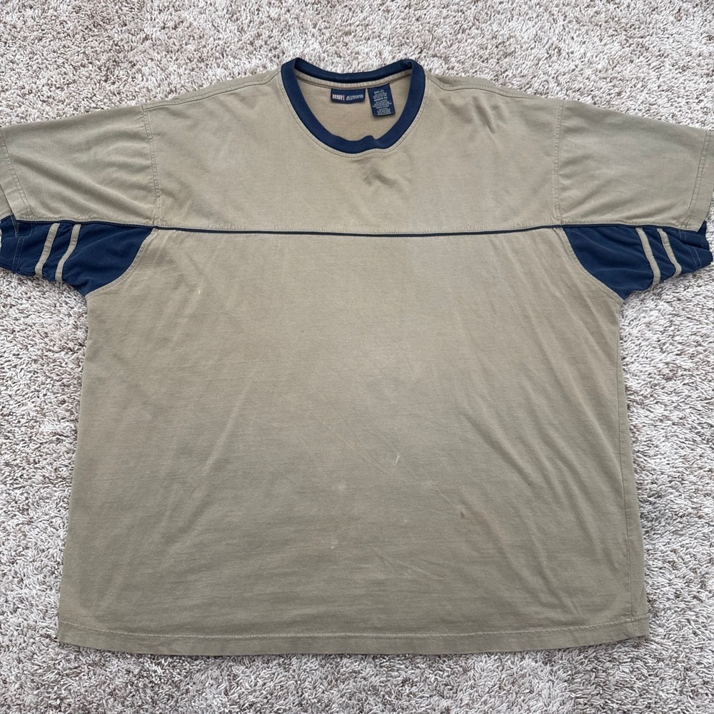 Vintage Faded Glory 2000s Mens 2XL Khaki Navy Blue Striped T-Shirt Y2K Cotton